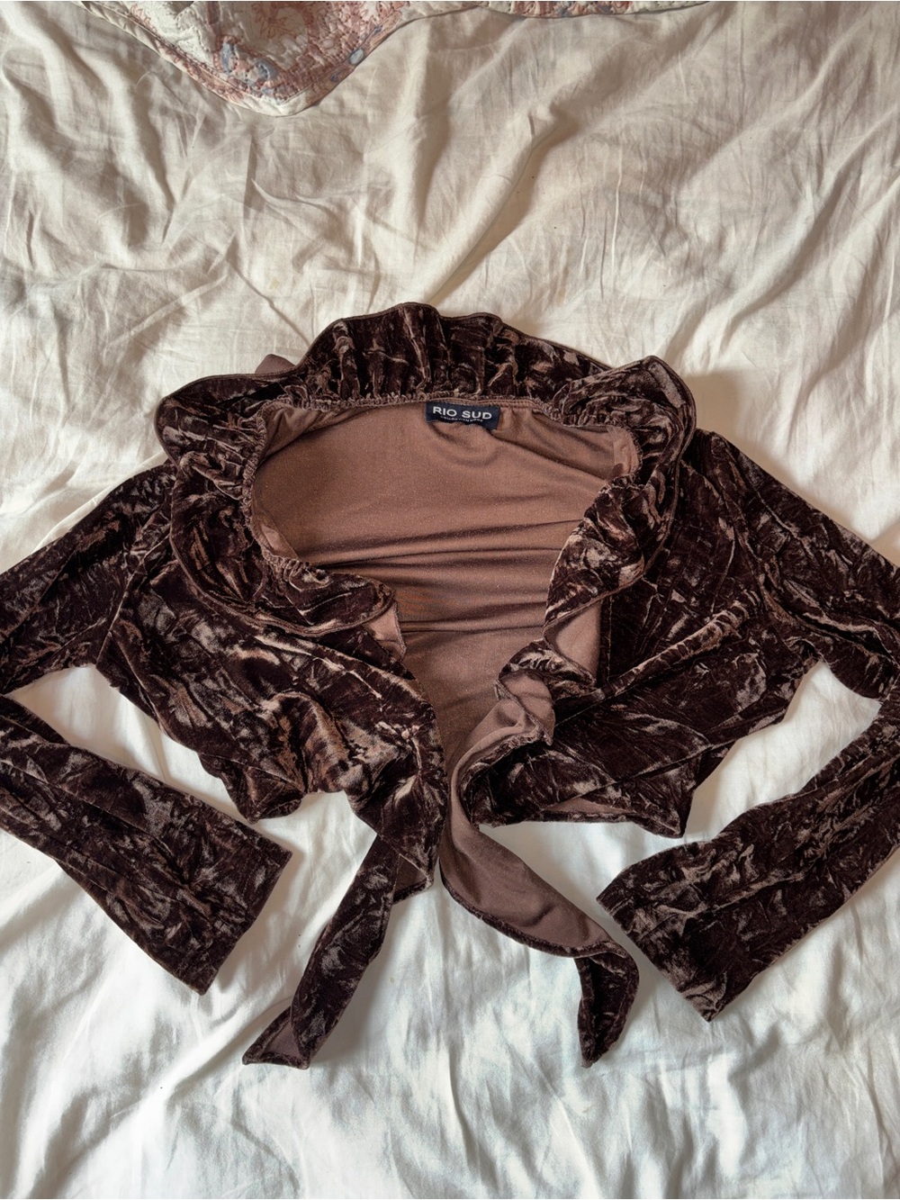 Vintage Rio Sud Y2K Brown Crushed Velvet Tie-Front Cardigan Shrug